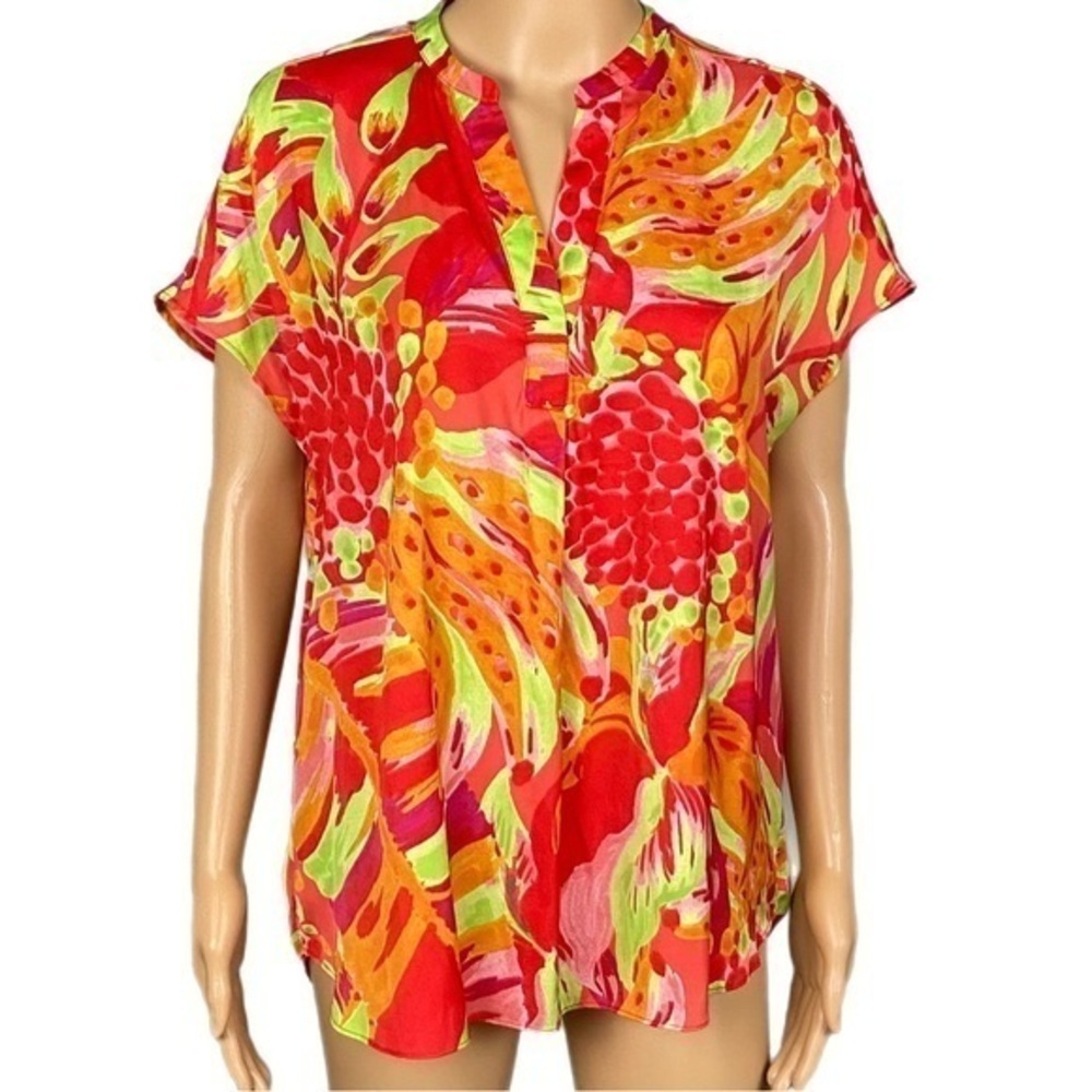 CUPCAKES AND CASHMERE satin red/orange/pink/lime abstract blouse. Medium. NWT
